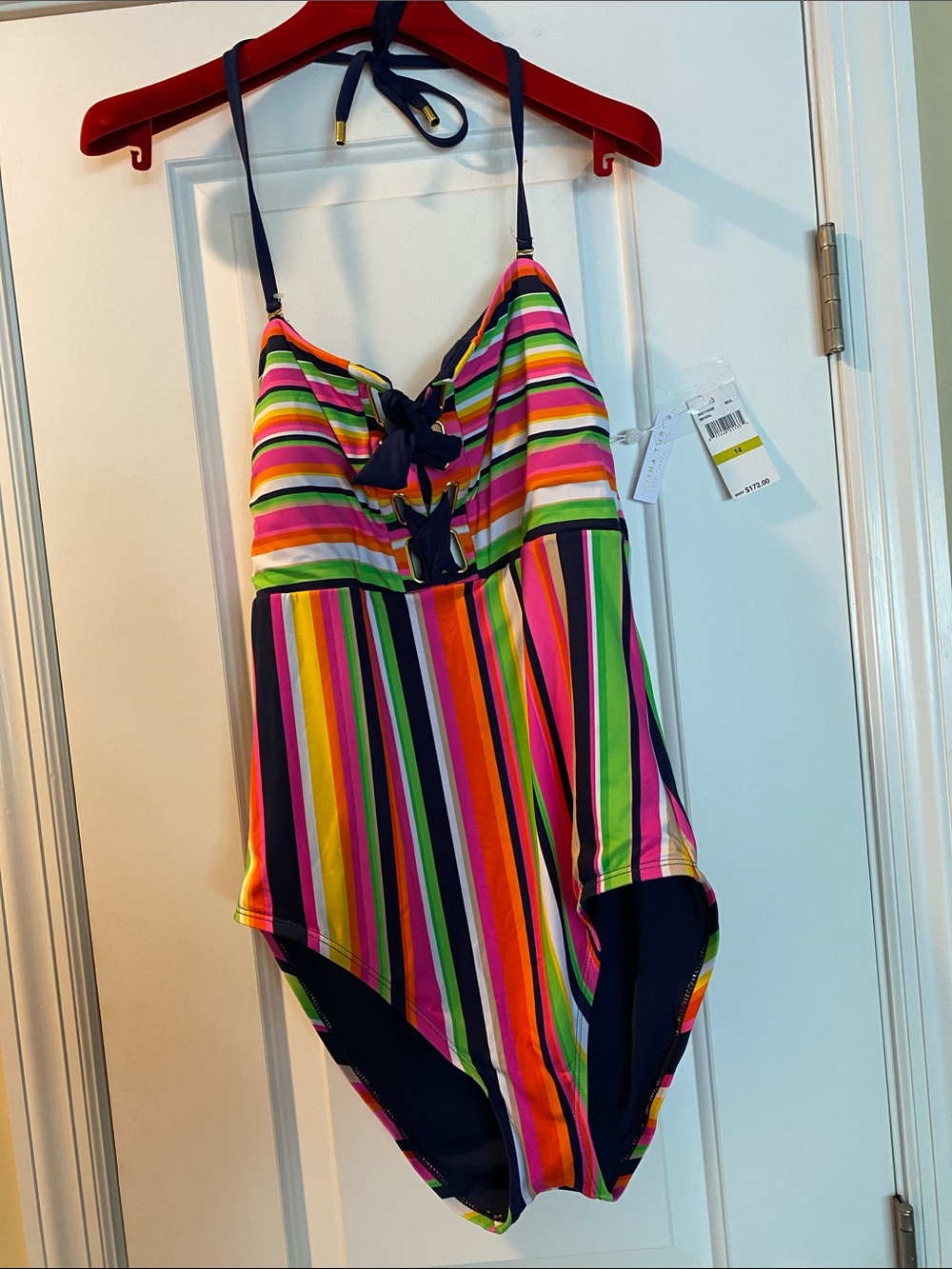 Trina Turk Body Contouring Slimming Gold Embellishments Halter Swimsuit NWT